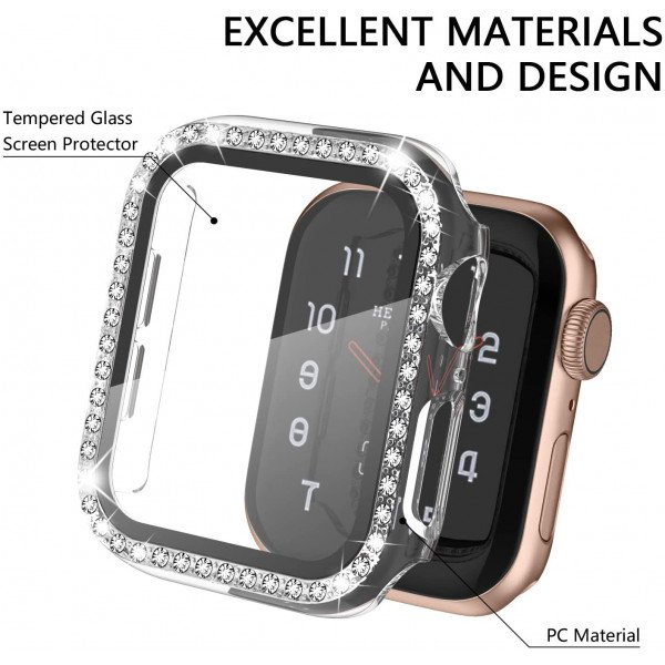 Wholesale Crystal Diamond Rhinestone Case with Built In Tempered Glass Screen Protector for Apple Watch Series 6/5/4/SE [44mm] (Clear)